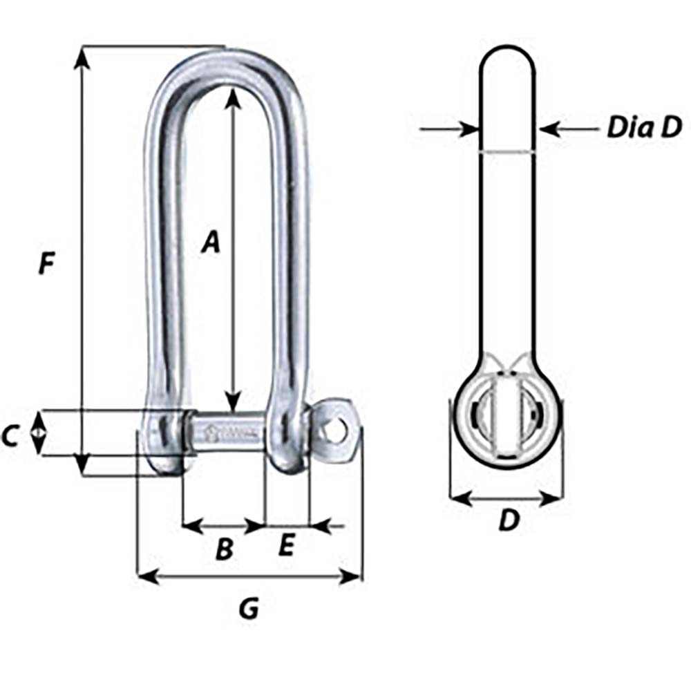 Wichard Captive Pin Long D Shackle 6mm stainless steel diagram with dimensions