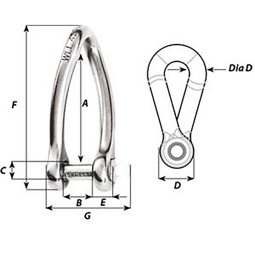 Wichard Captive Pin 8mm stainless steel twisted shackle with dimension diagram