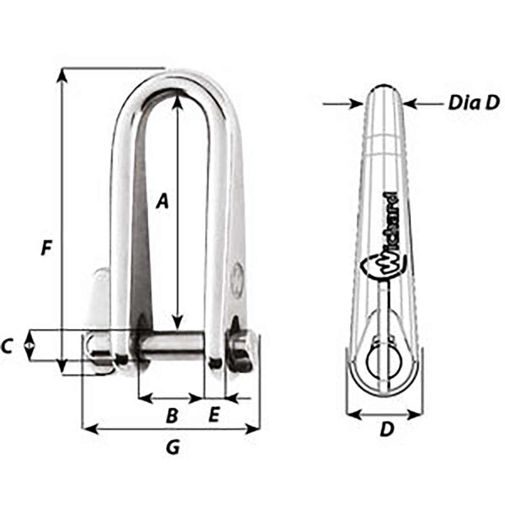 Wichard Key Pin Shackle 6mm diameter stainless steel marine hardware with dimensions diagram