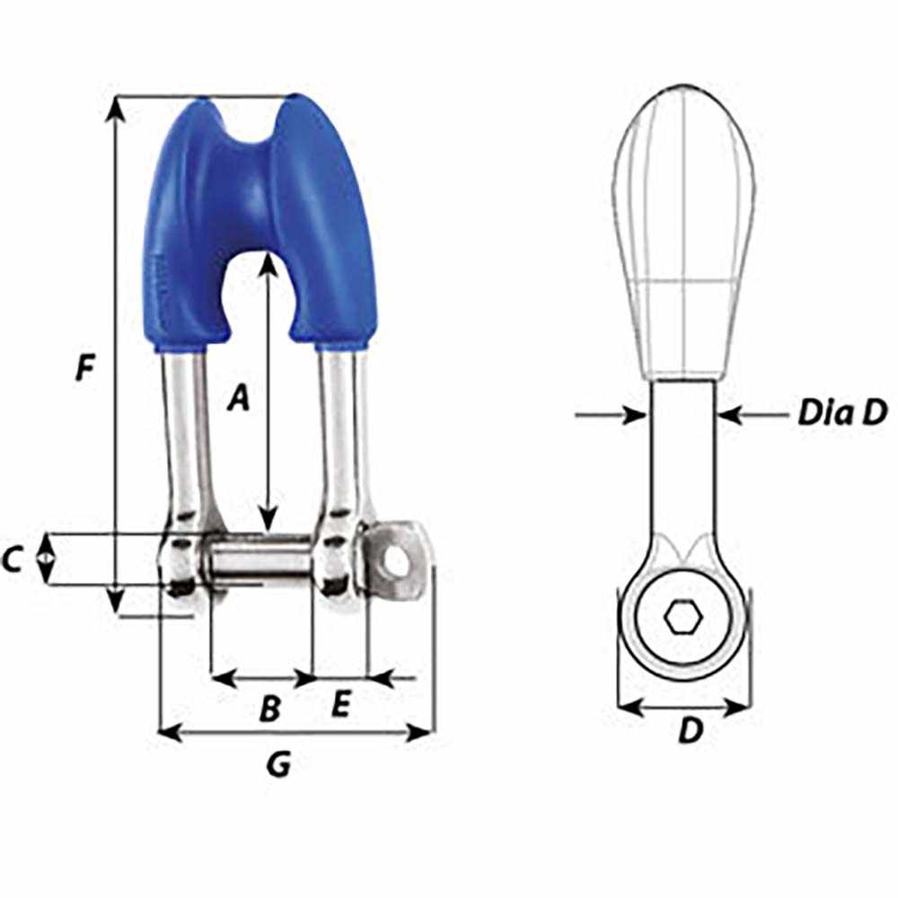 Wichard Thimble Shackle captive pin stainless steel 10mm diameter with dimensions diagram