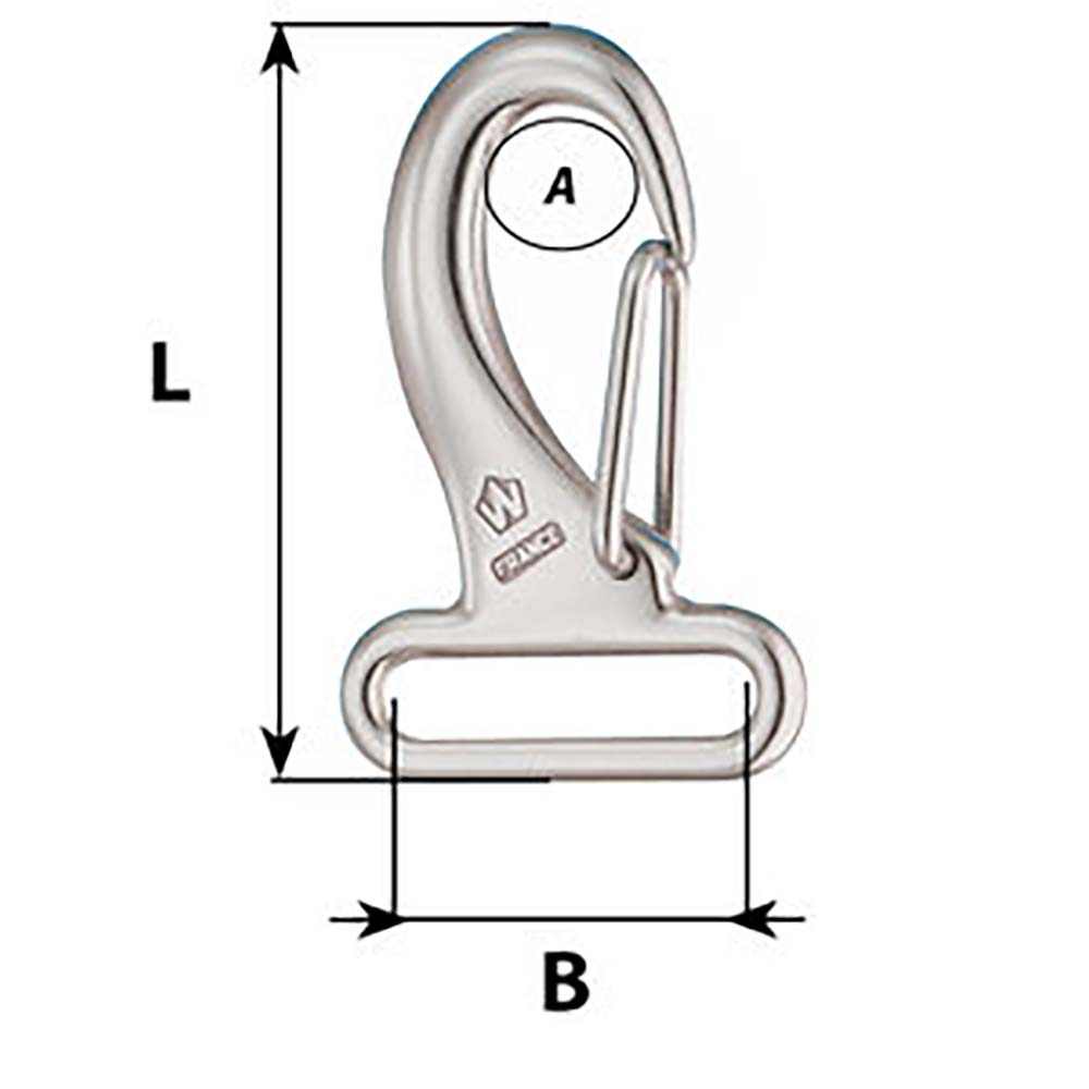Wichard Webbing Snap Hook 30mm stainless steel marine hardware with dimensions and measurements diagram
