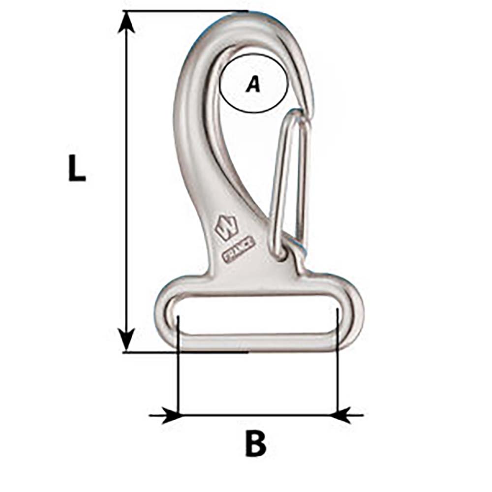 Wichard Webbing Snap Hook 30mm stainless steel marine hardware with dimensions and measurements diagram