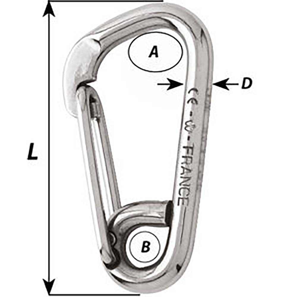 Wichard 60mm 316L stainless steel asymmetric carbine hook with eye for webbing attachment