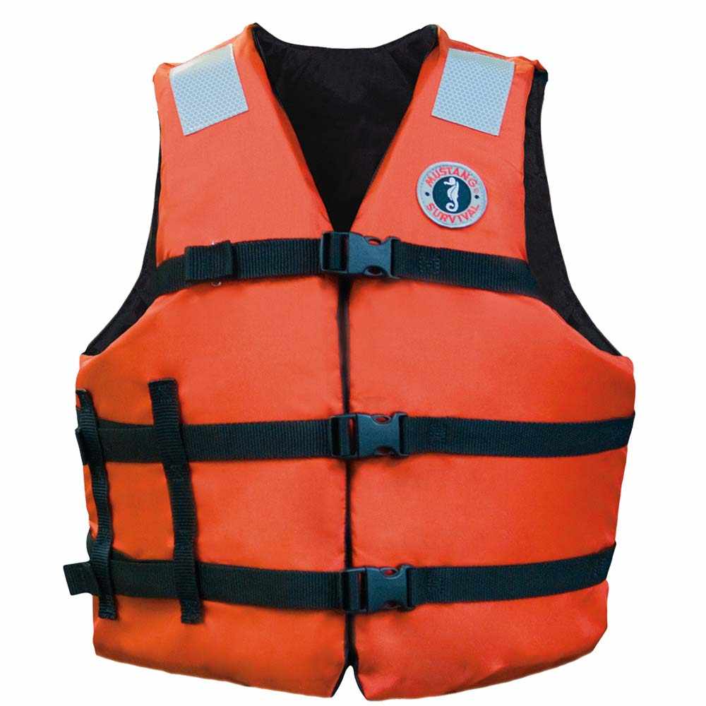 Mustang Universal Fit Flotation Vest orange with adjustable straps and large armholes for mobility