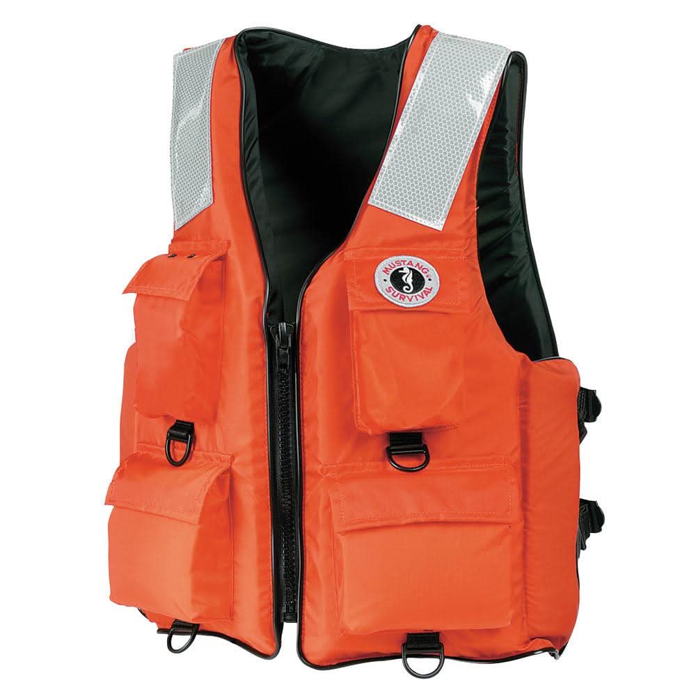 Mustang 4-Pocket Flotation Vest in orange with reflective tape and multiple pockets, small size