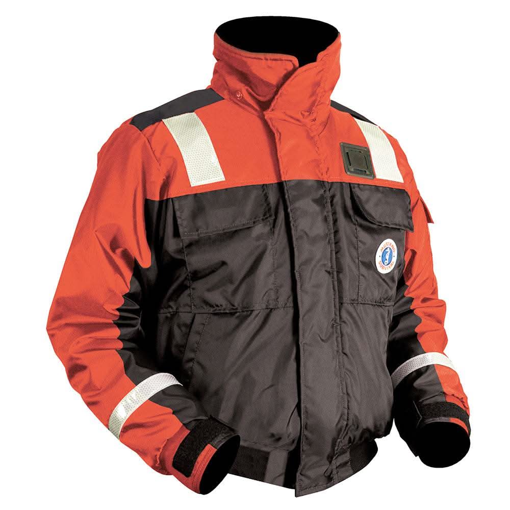 Mustang Classic Flotation Bomber Jacket in orange and black with SOLAS reflective tape and neoprene cuffs, XXL size