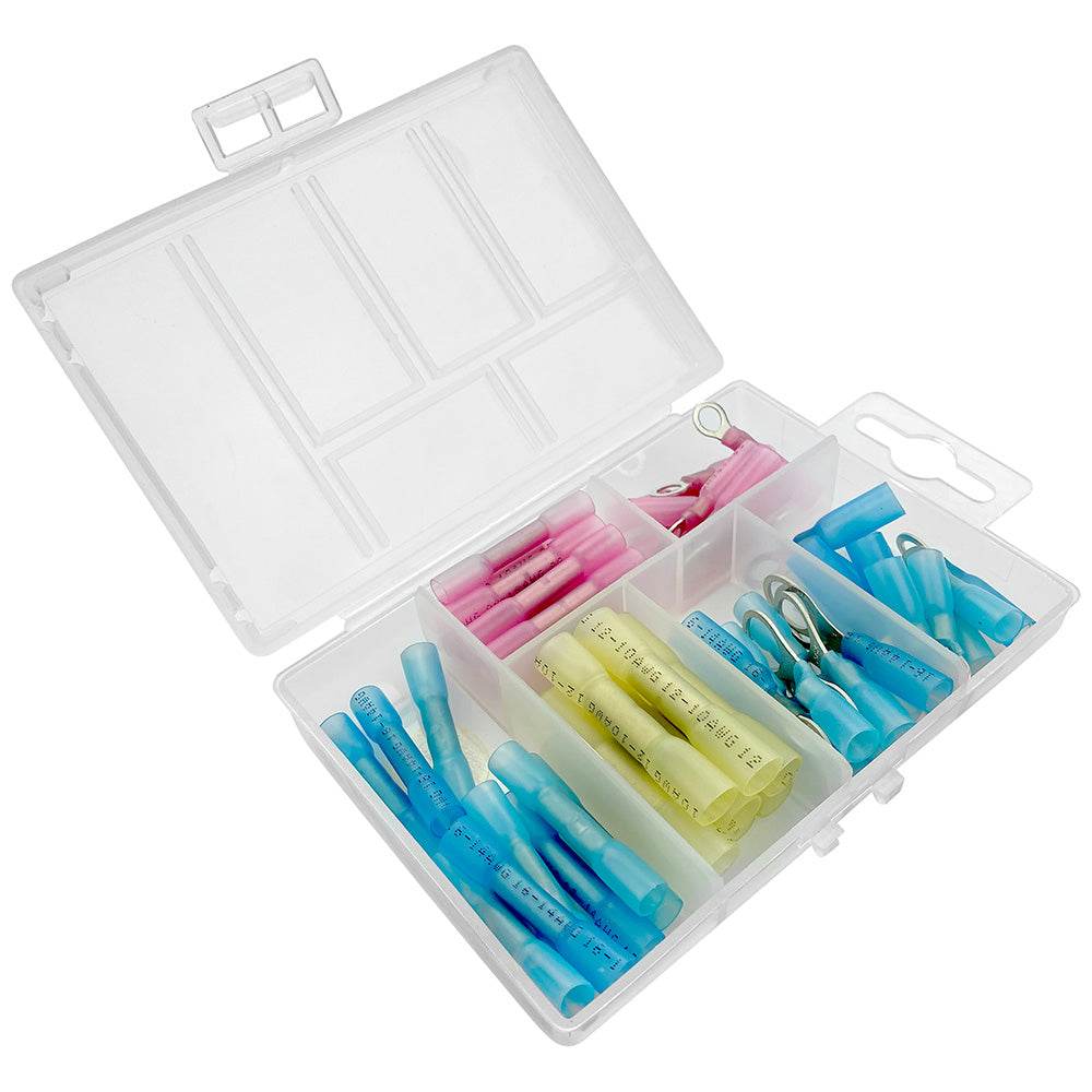 64-piece T-H Marine heat shrink connector kit with red, blue, and yellow connectors in clear plastic case