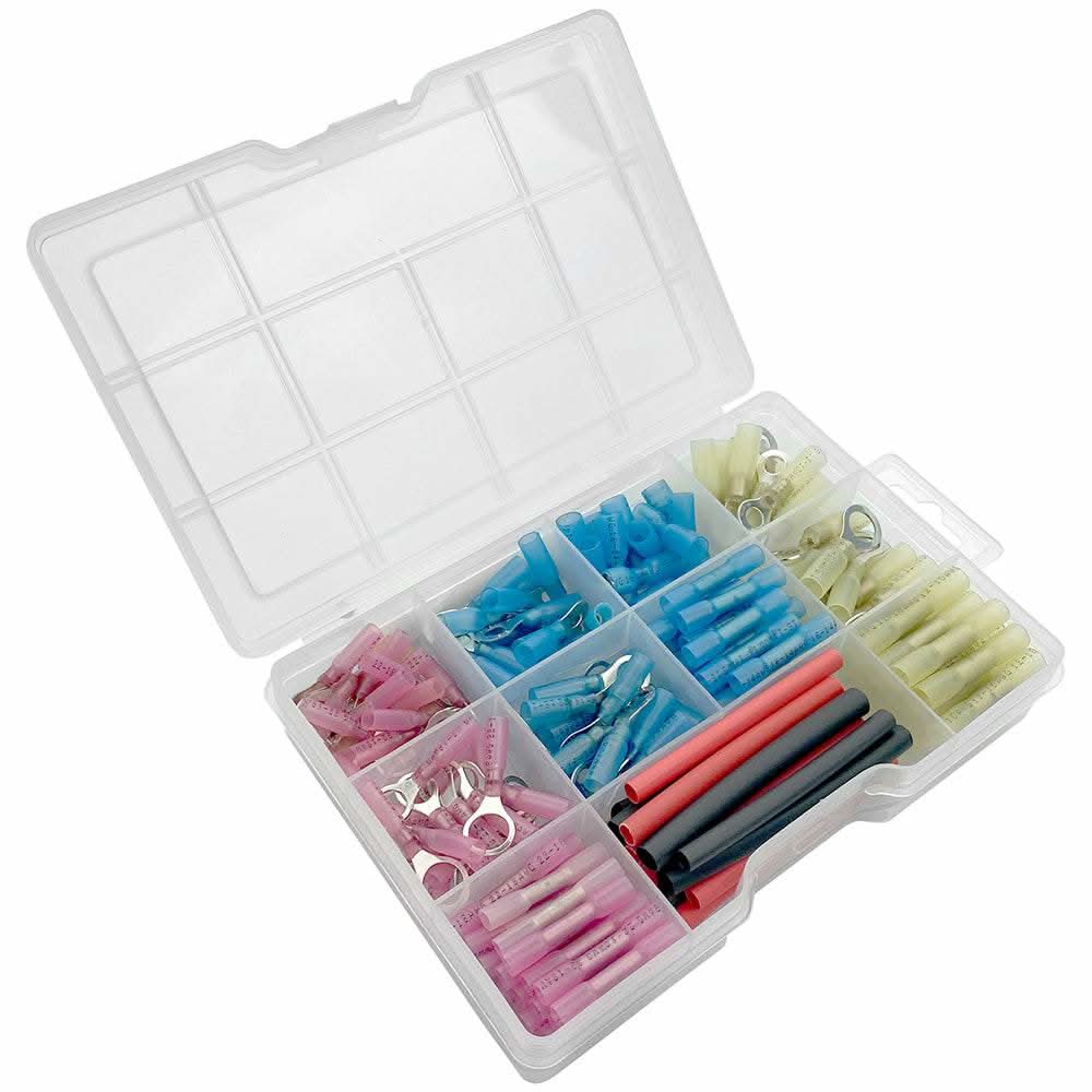 200-piece T-H Marine heat shrink connector kit with red, blue, yellow connectors and heat-shrink tubing in plastic organizer box