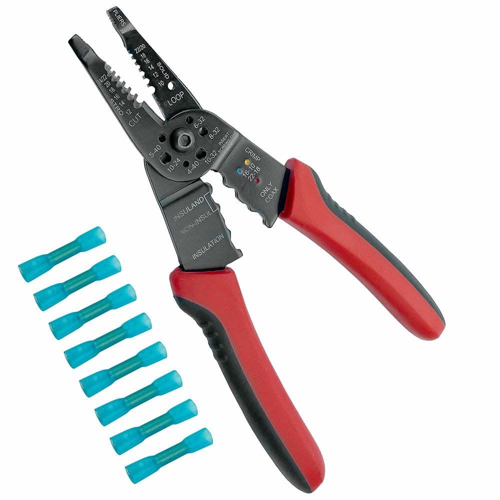 T-H Marine Heat Shrink Kit with 6-in-1 wire tool and blue connectors, red and black handles