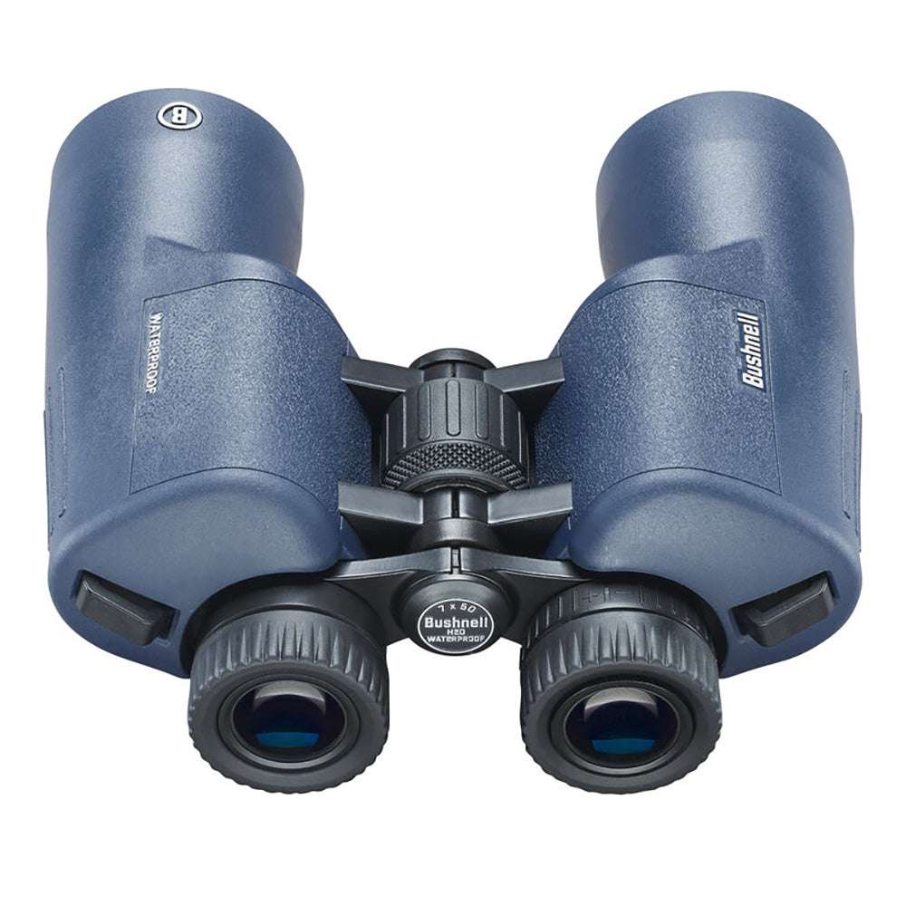 Bushnell 7x50mm H2O waterproof binoculars with dark blue Porro prism design and twist-up eyecups