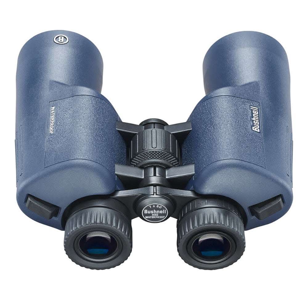Bushnell 7x50mm H2O waterproof binoculars with dark blue Porro prism design and twist-up eyecups