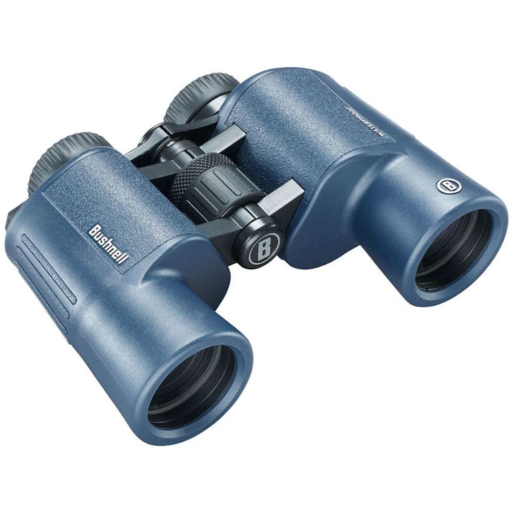 Bushnell 12x42mm H2O waterproof binoculars with aluminum frame and Porro prism design in dark blue.