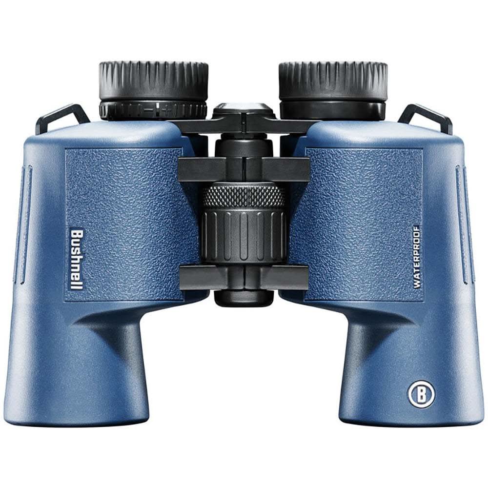 Bushnell 12x42mm H2O waterproof binoculars with dark blue aluminum body and twist-up eyecups