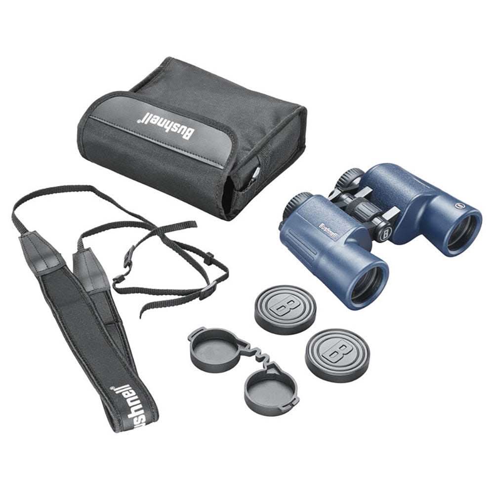 Bushnell 12x42mm H2O waterproof binoculars with case, strap, and lens caps in dark blue Porro design