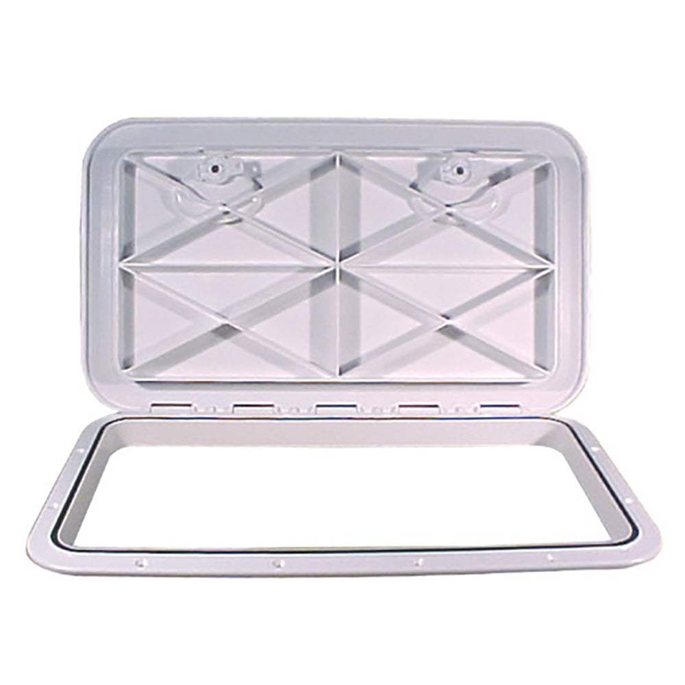 Beckson 14" x 24" white flush hatch made of durable ABS material, suitable for vertical or horizontal installation.