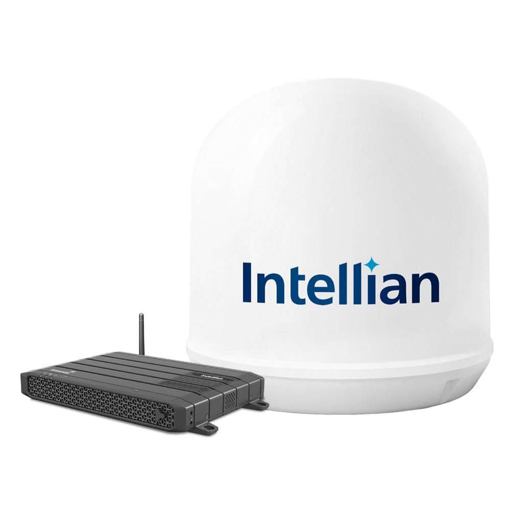 Intellian Maritime Terminal for Inmarsat Fleet One with white dome antenna and black control unit