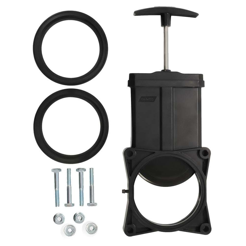 Camco 3-inch RV waste valve with plastic handle, gaskets, and installation hardware for black water system replacement