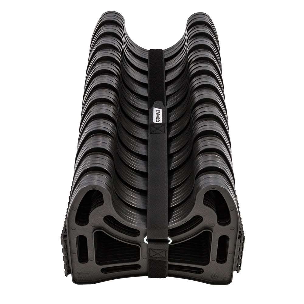 Camco Sidewinder 30-foot plastic sewer hose support with snap-fit hinges and Velcro strap