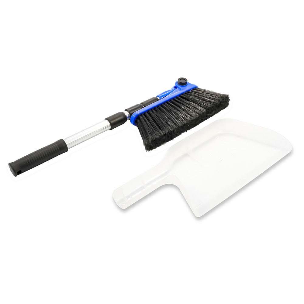 Camco RV Broom and Dustpan set with adjustable handle and angled soft bristles for compact storage