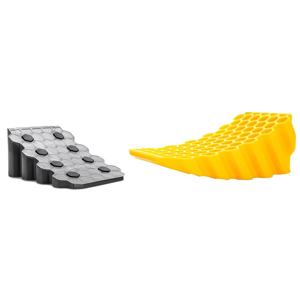 Camco Curved Leveler and Wheel Chock with honeycomb design for vehicle leveling up to 4 inches