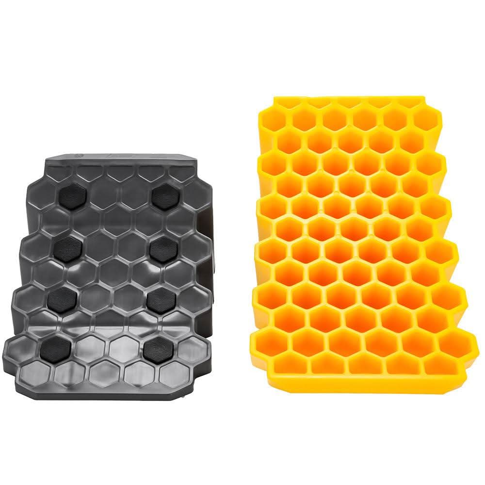 Camco Curved Leveler and Wheel Chock with honeycomb design, lightweight and durable, yellow and black color scheme