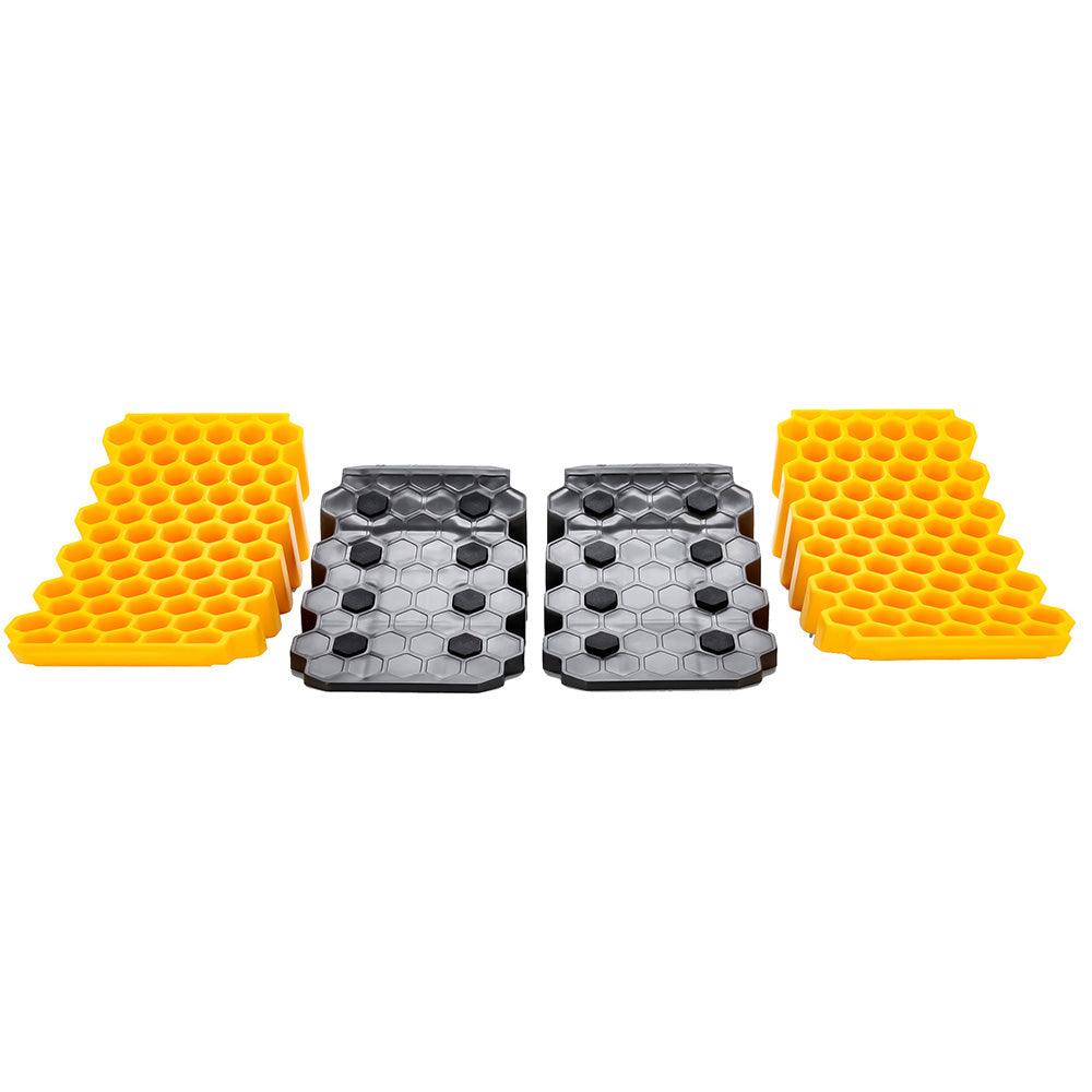 Camco Curved Leveler and Wheel Chock 2-pack with honeycomb design for lightweight, durable vehicle leveling and tire chocking