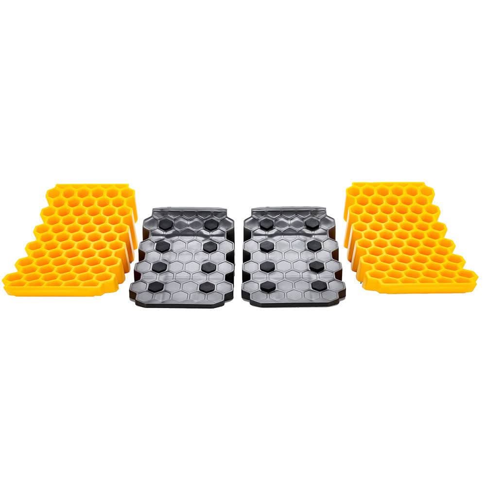 Camco Curved Leveler and Wheel Chock 2-pack with honeycomb design and non-slip rubber grippers for vehicle leveling and tire chocking