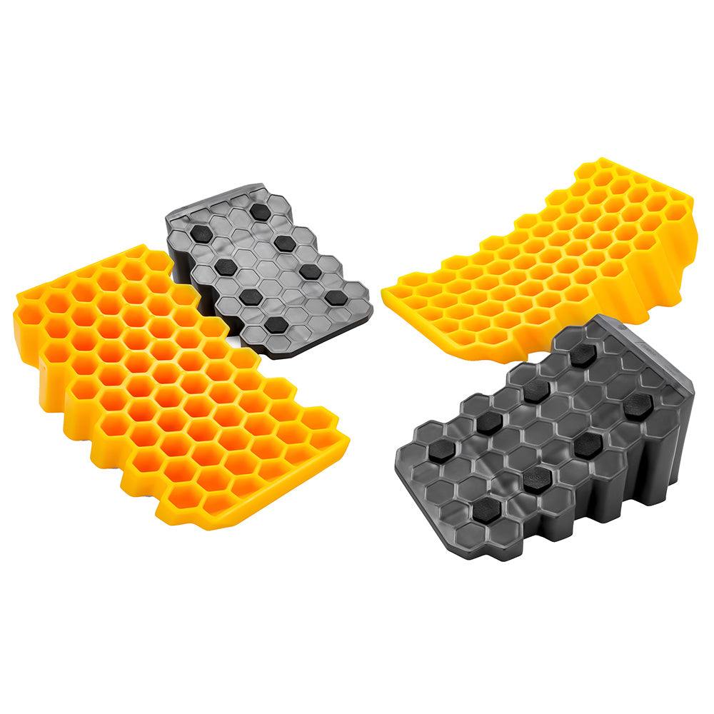 Camco Curved Leveler and Wheel Chock 2-Pack with honeycomb design for lightweight durability and non-slip rubber grippers