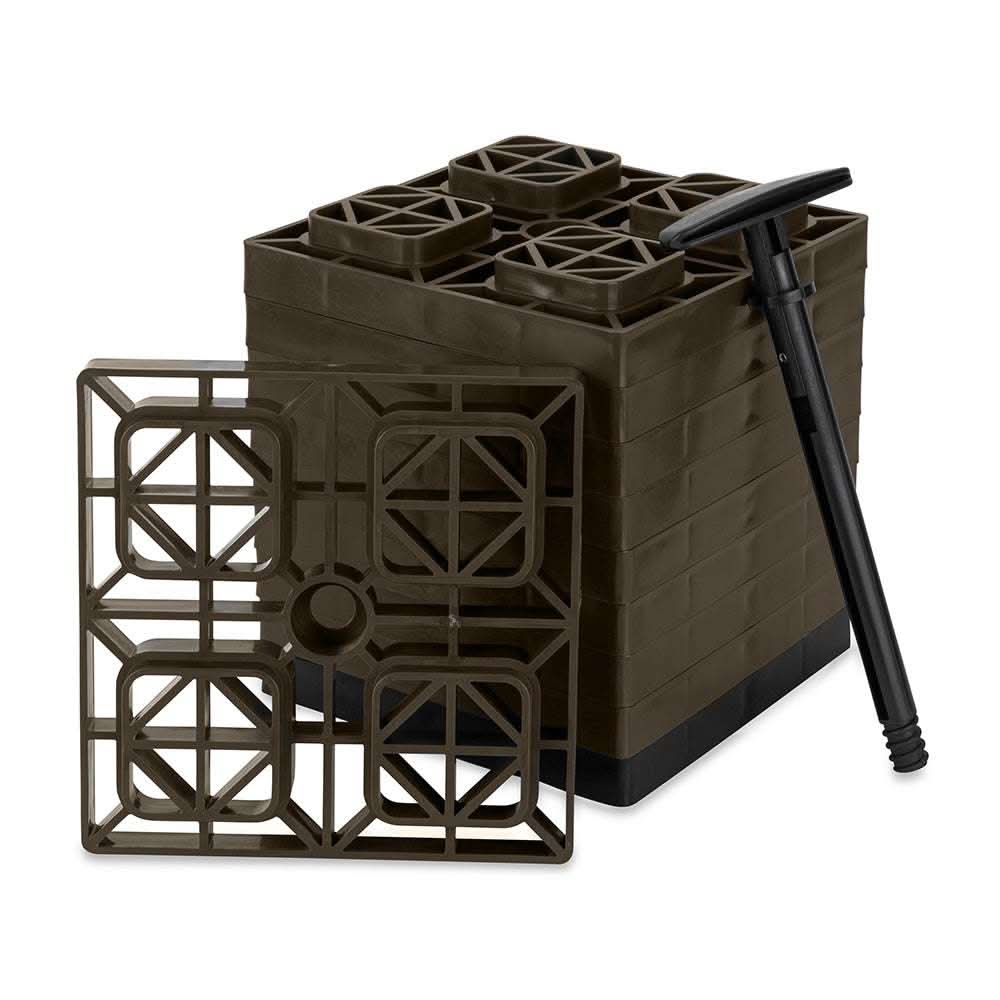 Camco FasTen Leveling Blocks 10-pack with T-handle brown interlocking stackable blocks for RV leveling