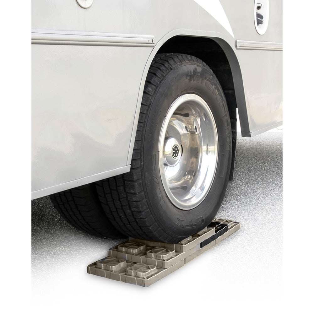 Camco FasTen Leveling Blocks with T-Handle under RV tire brown 10-pack