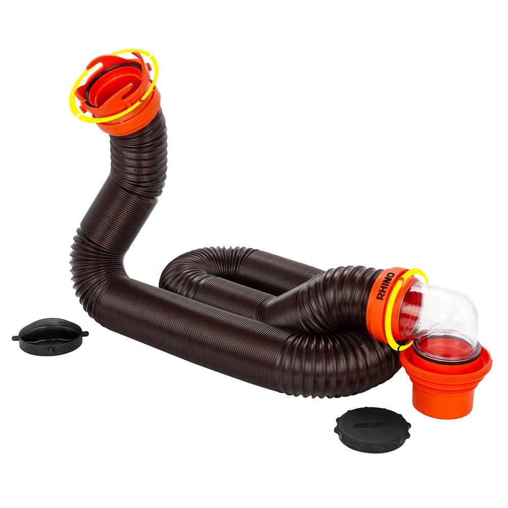 Camco RhinoFLEX 15-foot sewer hose kit with 4-in-1 elbow caps and swivel bayonet fittings