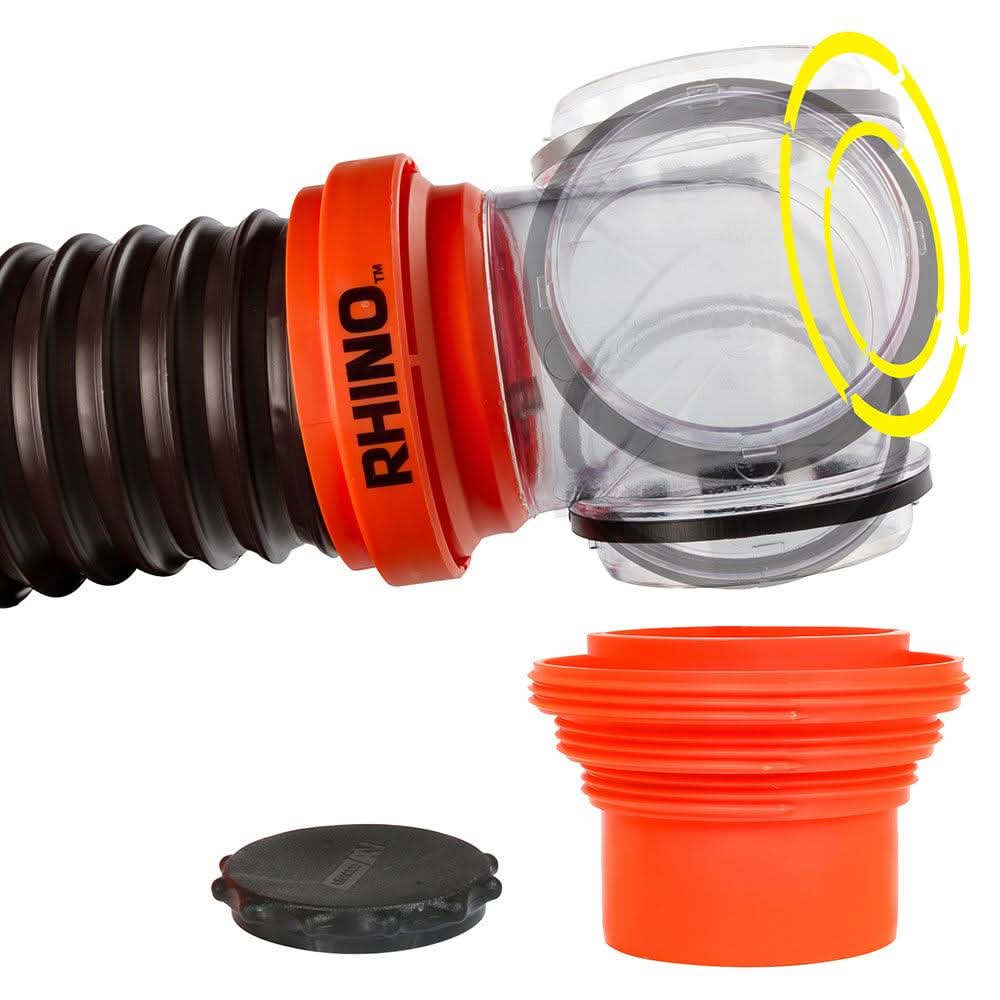 Camco RhinoFLEX 15-foot sewer hose kit with 4-in-1 translucent elbow adapter and swivel bayonet fittings