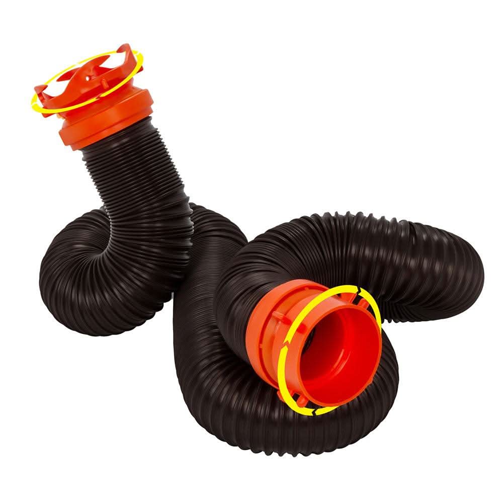 Camco RhinoFLEX 10-foot black sewer hose extension with orange swivel bayonet and lug fittings