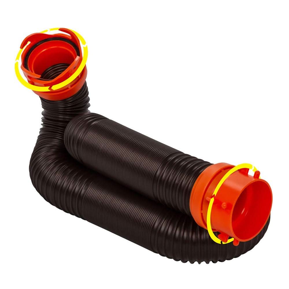Camco RhinoFLEX 10-foot black sewer hose extension with orange swivel bayonet and lug fittings
