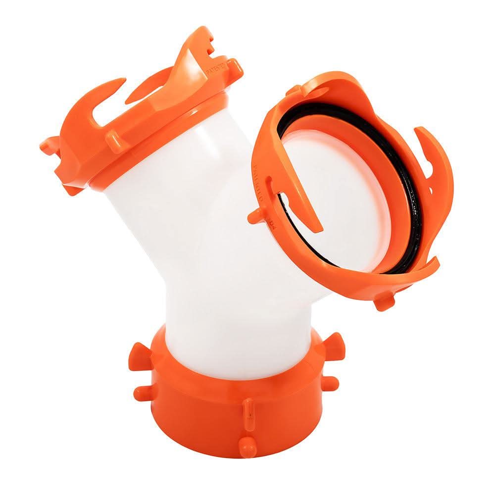 Camco RhinoFLEX Wye sewer hose connector with orange bayonet and lug fittings for motorhome dump stations