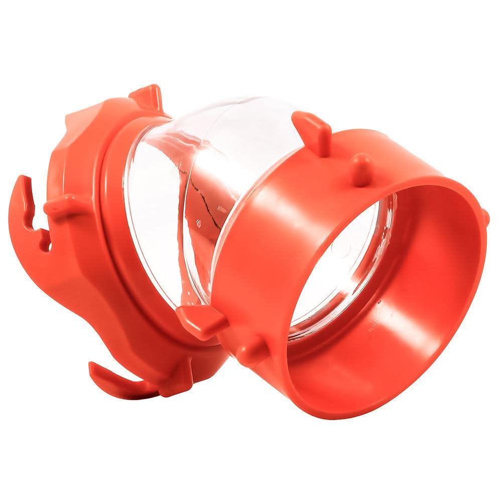 Camco RhinoFLEX 45-degree clear swivel fitting for RV sewer hose with secure bayonet connection