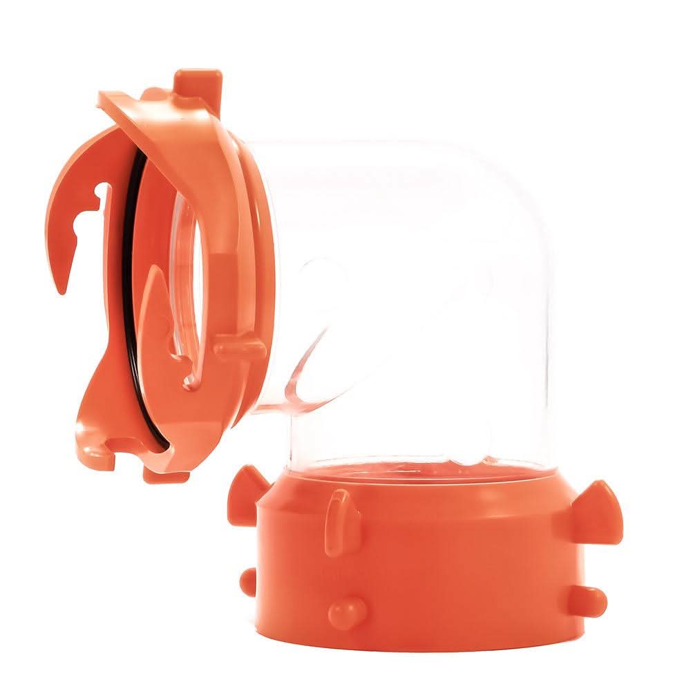 Camco RhinoFLEX clear 90-degree swivel sewer hose fitting with orange bayonet connection