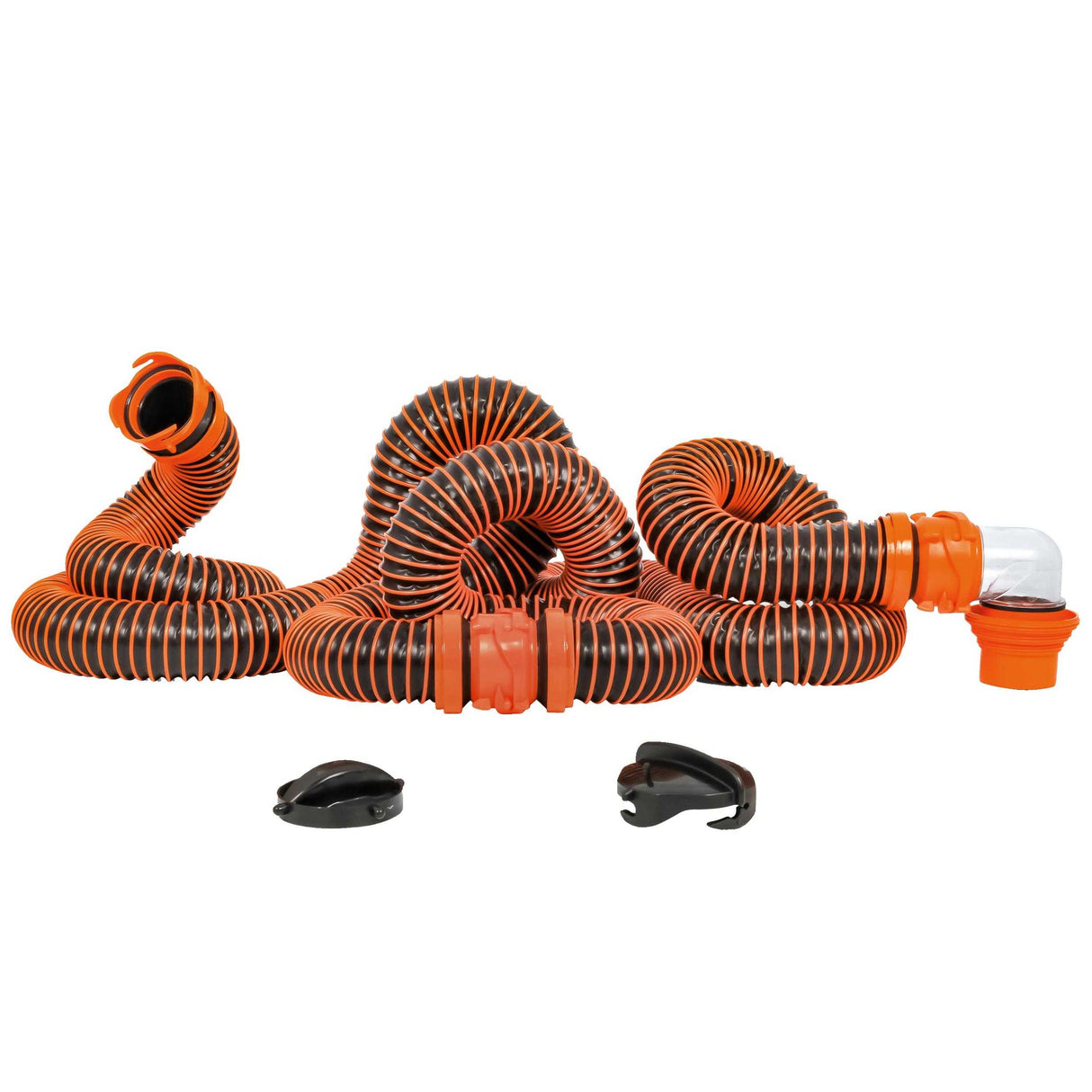 Camco RhinoEXTREME 20' sewer hose kit with 4-in-1 elbow caps and durable swivel fittings