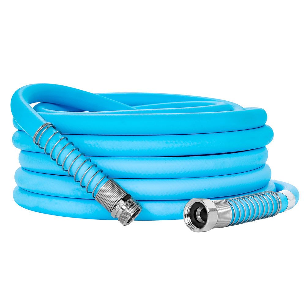 Camco EvoFlex 75' flexible drinking water hose with nickel-plated fittings for RV and marine use