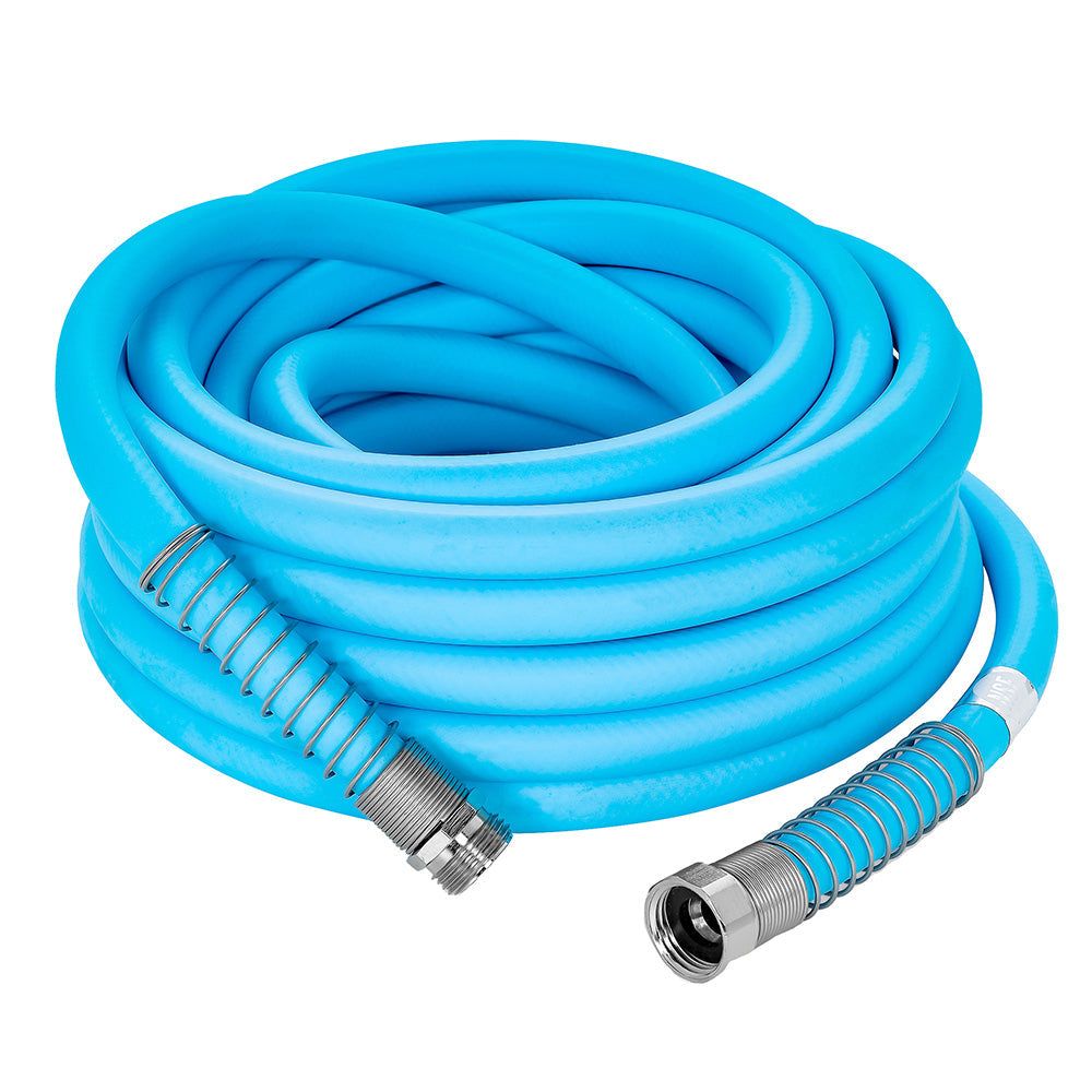 Camco EvoFlex 75' flexible drinking water hose with nickel-plated fittings for RV and marine use