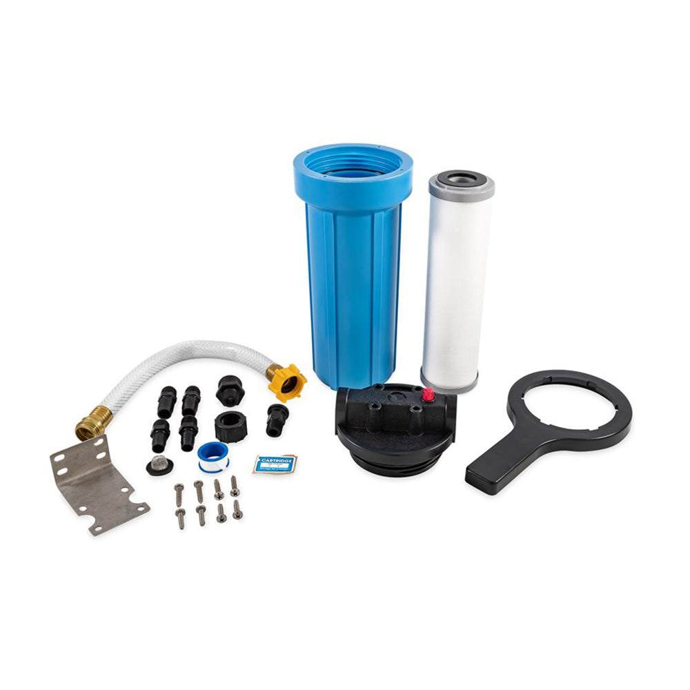 Camco EVO Marine Water Filter kit with canister, sediment cartridge, mounting bracket, hose fittings, spanner wrench, and extension hose for freshwater filtration on boats
