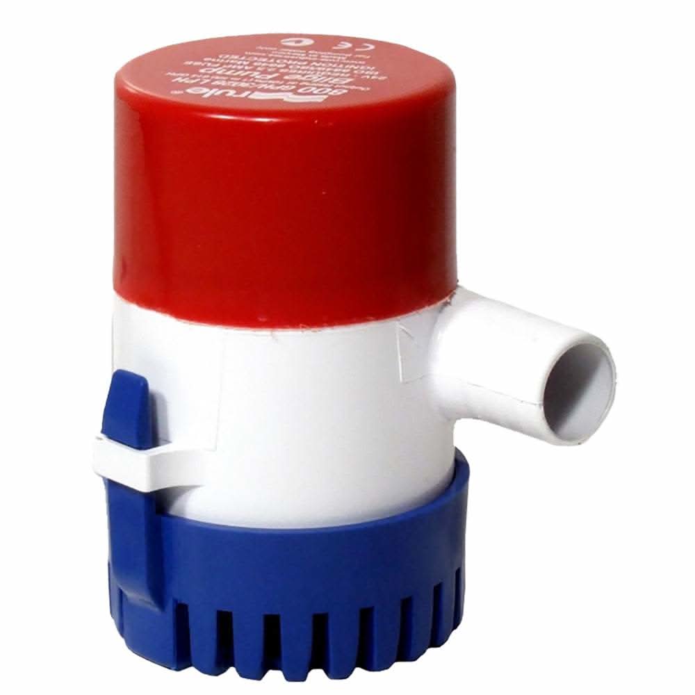 Rule 800 GPH 12V shower drain replacement pump with red top, white body, and blue base fitting 19mm hose for 97A and 98A shower drain boxes