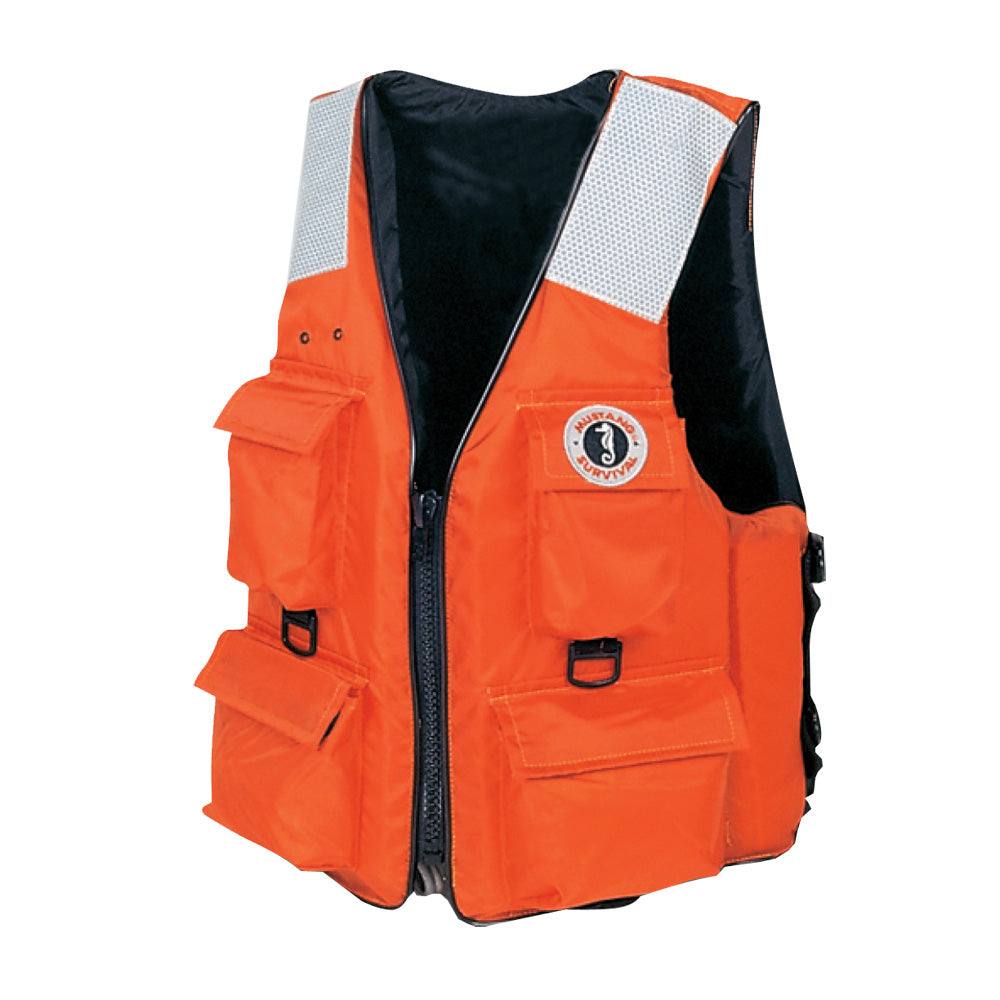 Mustang 4-Pocket Flotation Vest in orange with four front pockets, SOLAS reflective tape, and D-rings for lanyard attachments, size XL