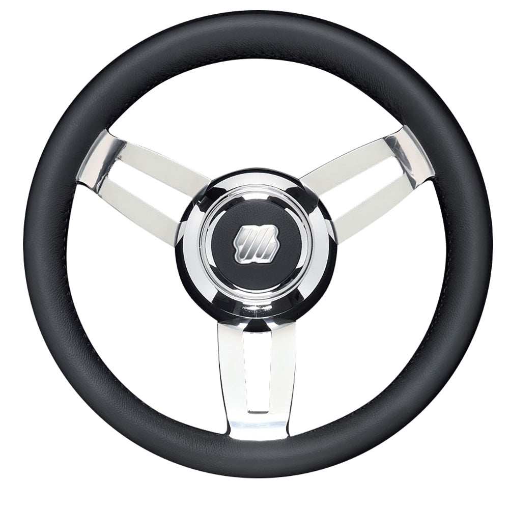 Uflex Morosini 13.8-inch black polyurethane steering wheel with stainless steel spokes and chrome hub