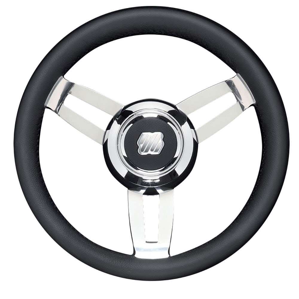 Uflex Morosini 13.8-inch black polyurethane marine steering wheel with stainless steel spokes and chrome hub