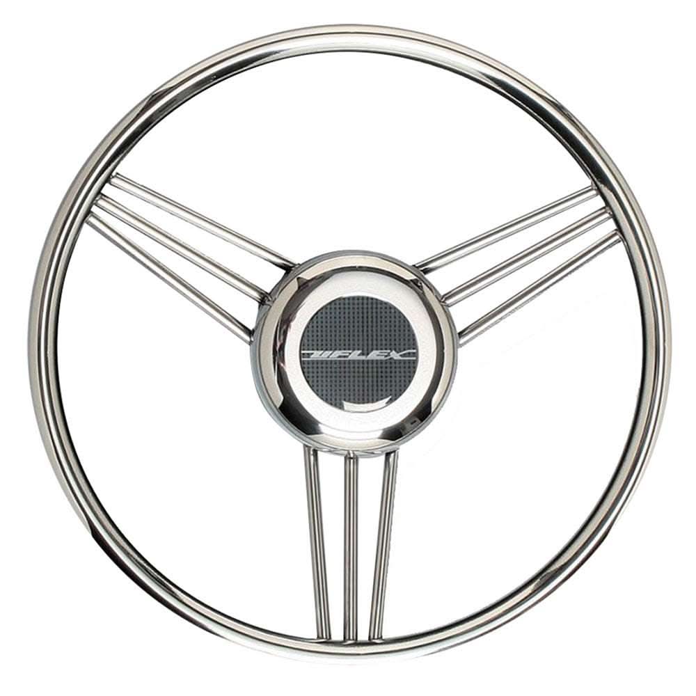 Uflex V27 13.8-inch stainless steel marine steering wheel with three spokes and polished finish