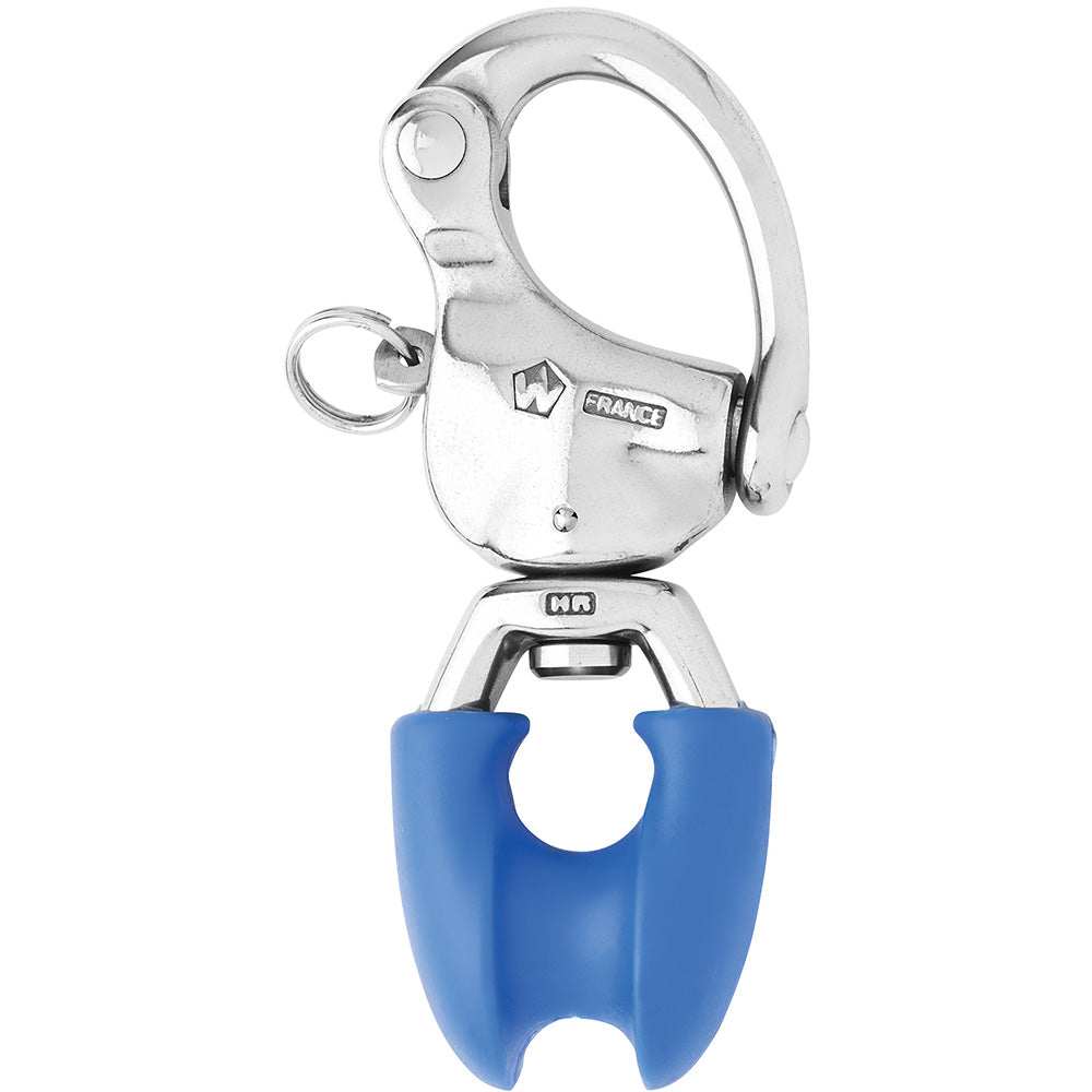 Wichard HR Snap Shackle with thimble eye, 3-3/4" stainless steel marine hardware with blue swivel eye cover