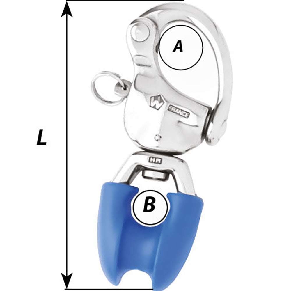Wichard HR Snap Shackle with thimble eye, stainless steel, 3-3/4" length, swivel eye for free rotation, blue protective cover