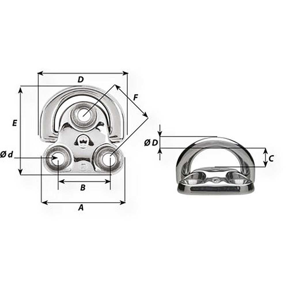 Wichard Folding Pad Eye 25/64 inch stainless steel marine hardware with folding design and noise-reducing silicon pad.