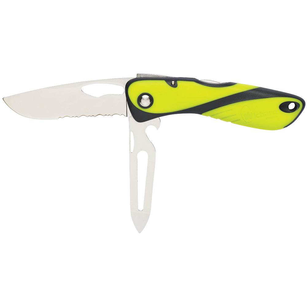 Wichard Offshore Knife with fluorescent handle, serrated stainless steel blade and shackle key tool, designed for sailing and watersports.